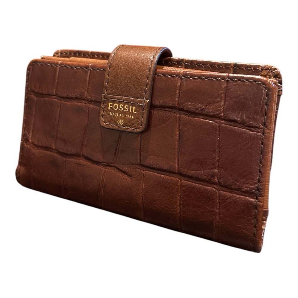 Fossil Vintage Brown Leather Crocodile Embossed Snap Wallet AR 6